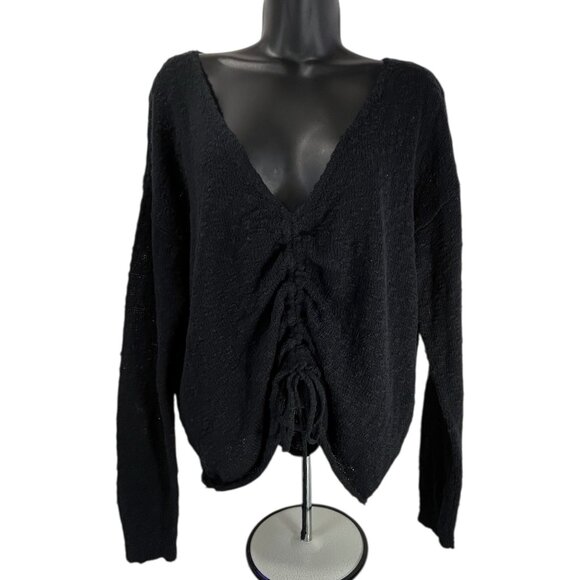 ROXY Rolling Hills Sweater Sz L Black Ruched Front Tie Knit Cotton Nylon Blend - Picture 2 of 13